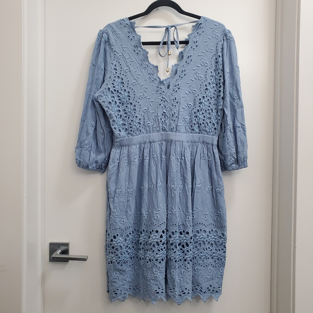 Belle & Bloom Sweet Talk Dusty Blue Eyelet Mini Dress Size L